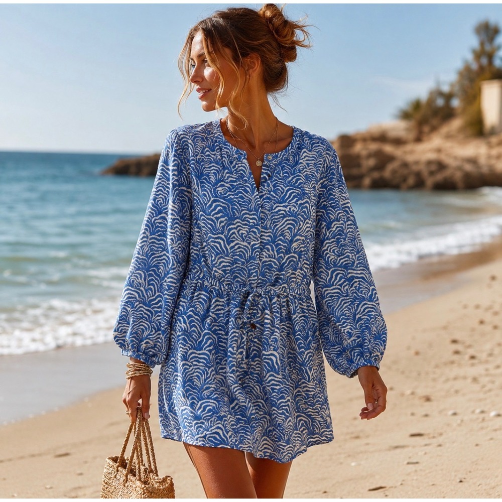 H&M Blue White Wave Print Linen Cotton Mini Dress Balloon Sleeve Drawstring L